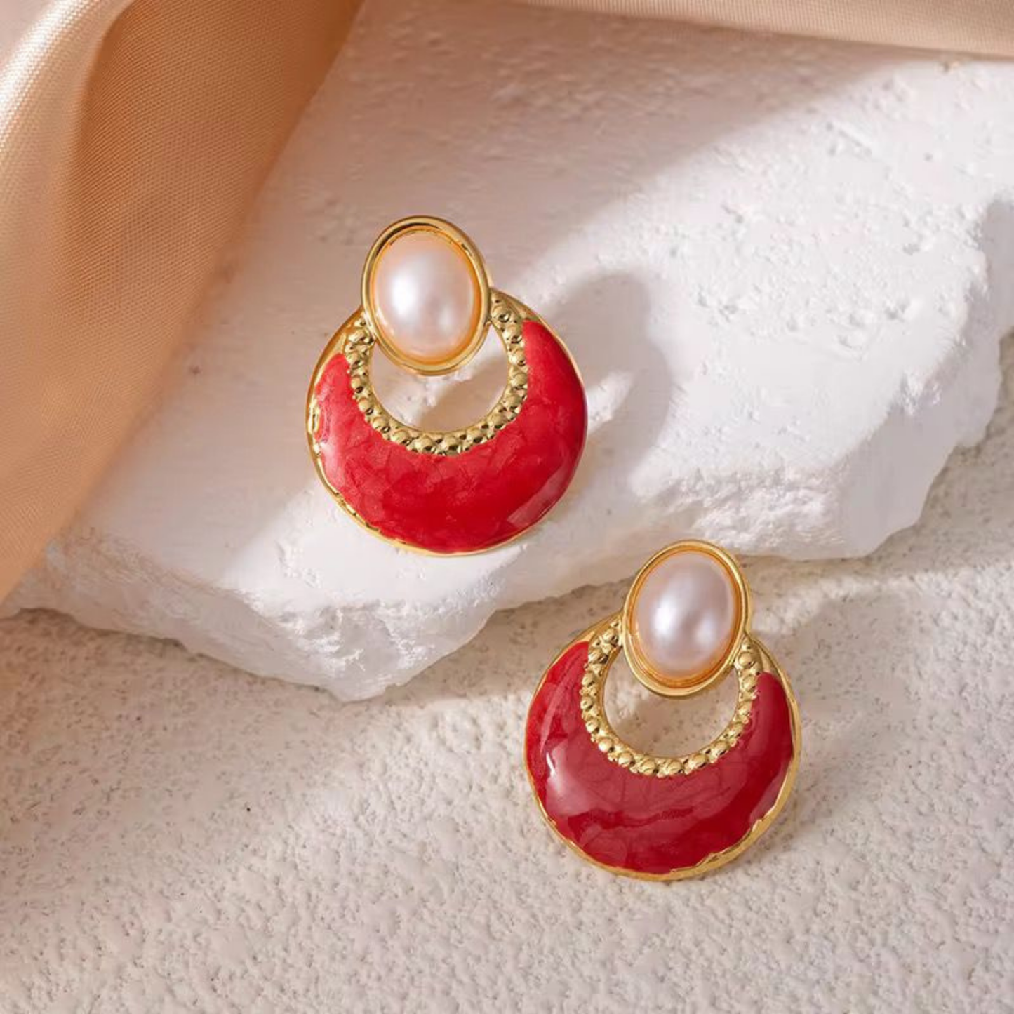 Pearl Red Enamel Earrings-Zariva