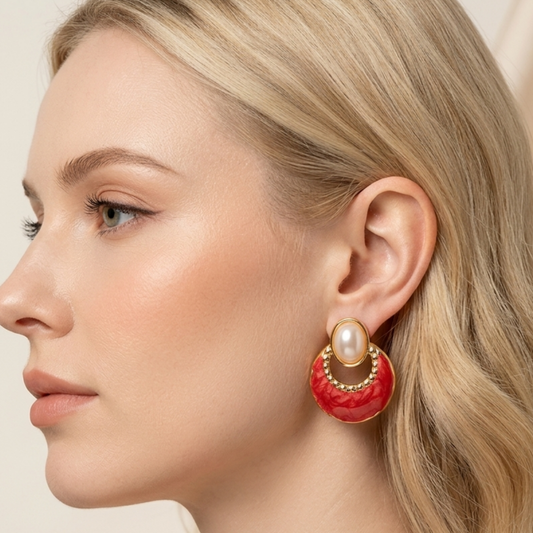 Pearl Red Enamel Earrings-Zariva