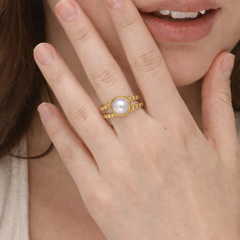Celeste Double Beaded Pearl Gold Ring – Zariva