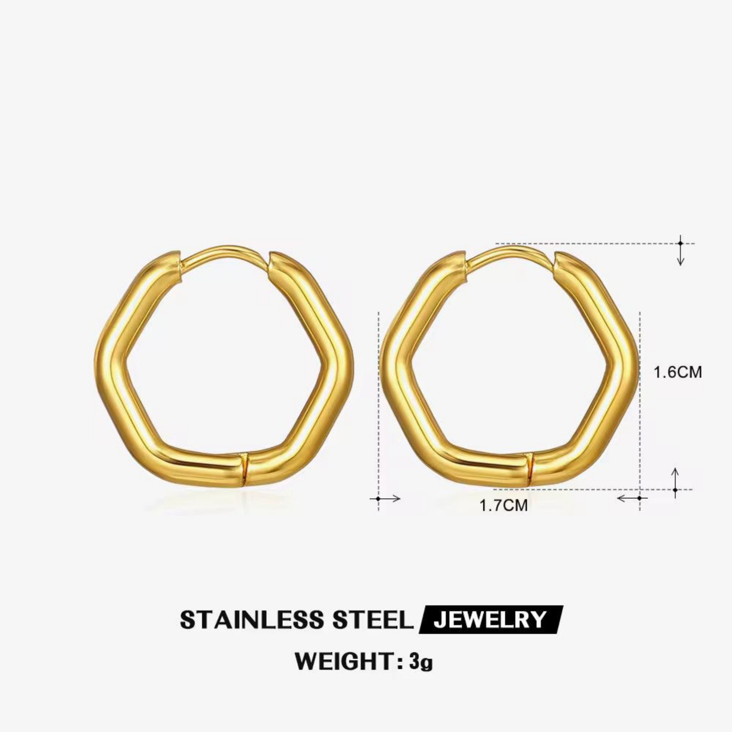 Gold hexagon hoop earrings in stainless steel, shown with 1.7 cm width, 1.6 cm height and 3 g weight by ZARIVA.