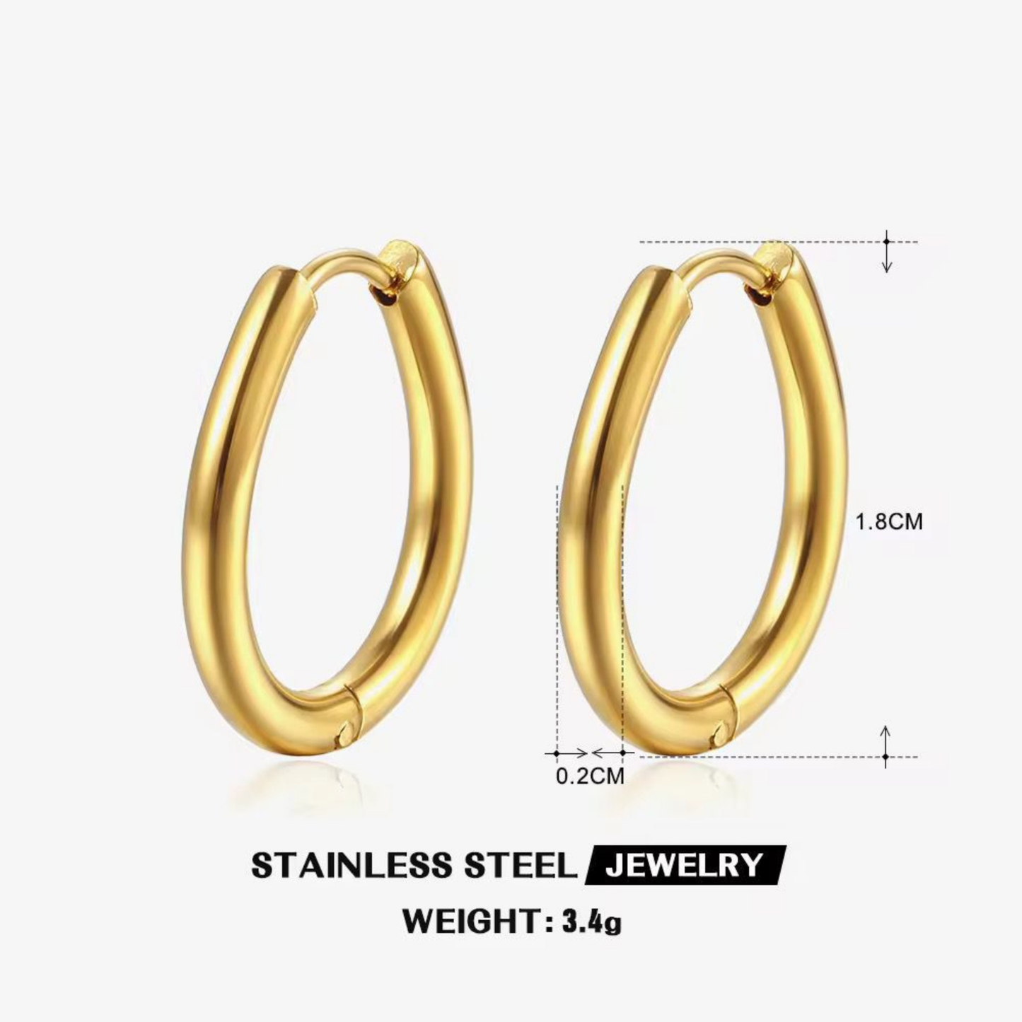 Gold oval hoop earrings in stainless steel, shown with 1.8 cm height, 0.2 cm tube width and 3.4 g weight by ZARIVA.