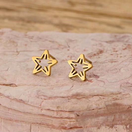 ZARIVA Astera Mini Star Stud Earrings for women crafted from premium SS316L stainless steel with 18K PVD gold plating. Anti-tarnish, waterproof, lightweight open star stud earrings under 1 cm for everyday wear.