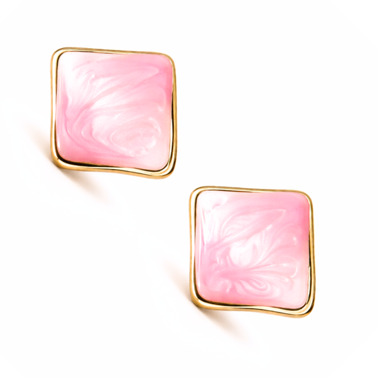 Mira Wavy Square Pink Stud Earrings side angle