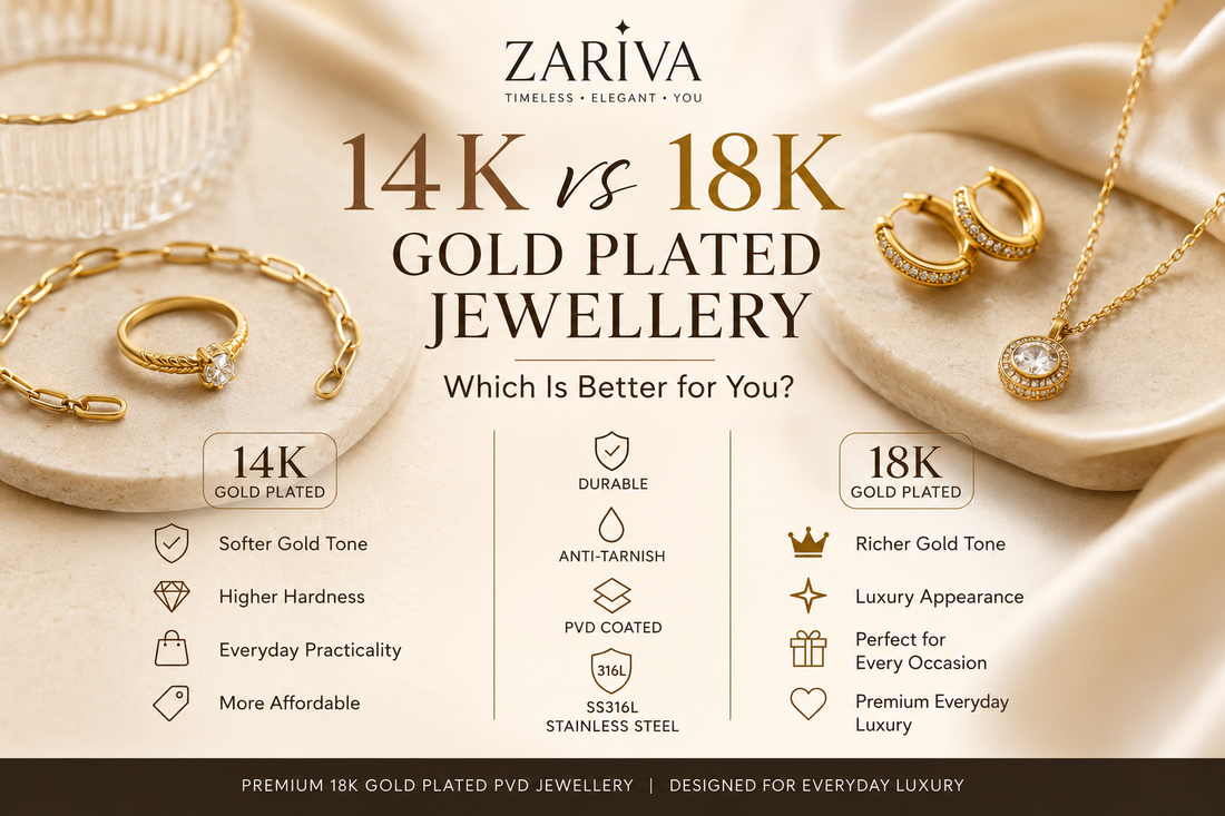 14K vs 18K gold plated jewellery comparison featuring SS316L stainless steel anti-tarnish earrings, rings, and necklaces Last Updated: June 2026