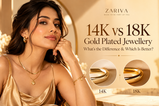 14K vs 18K Gold Plated Jewellery comparison featuring a ZARIVA model wearing gold jewellery in a luxury editorial setting.