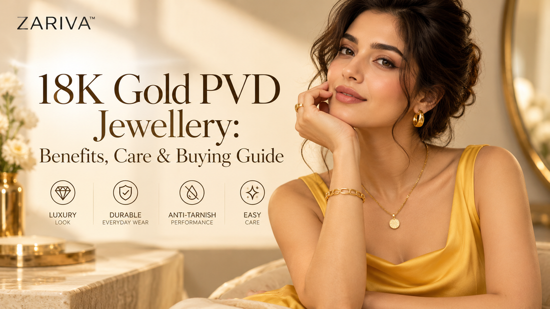 18K Gold PVD jewellery featured in a premium editorial cover with a young Indian woman in a yellow dress wearing gold-finish pieces by ZARIVA.