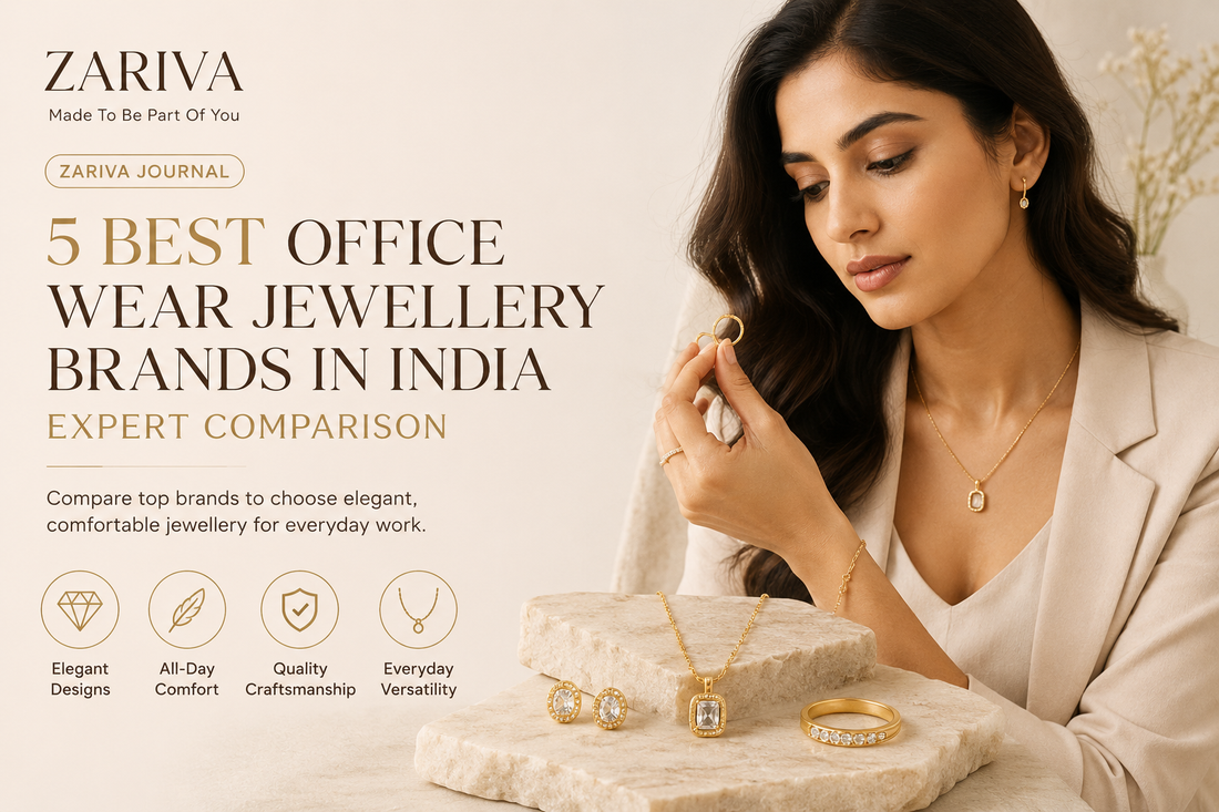 Best office wear jewellery brands in India comparison featuring an elegant professional woman with minimalist jewellery and office-ready accessories.