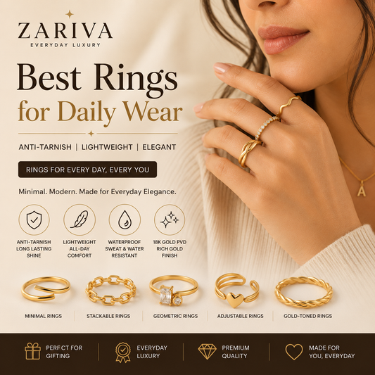 Best daily wear anti-tarnish rings for women in India crafted from SS316L stainless steel with 18K Gold PVD plating