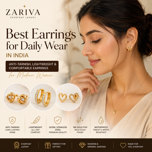 Best daily wear anti-tarnish earrings for women in India featuring lightweight SS316L stainless steel earrings with 18K Gold PVD plating
