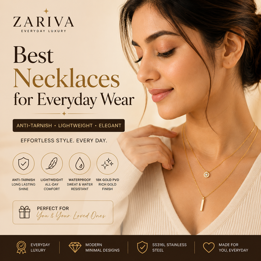 Woman wearing a lightweight anti-tarnish gold necklace crafted from premium SS316L stainless steel with 18K Gold PVD plating for everyday wear.