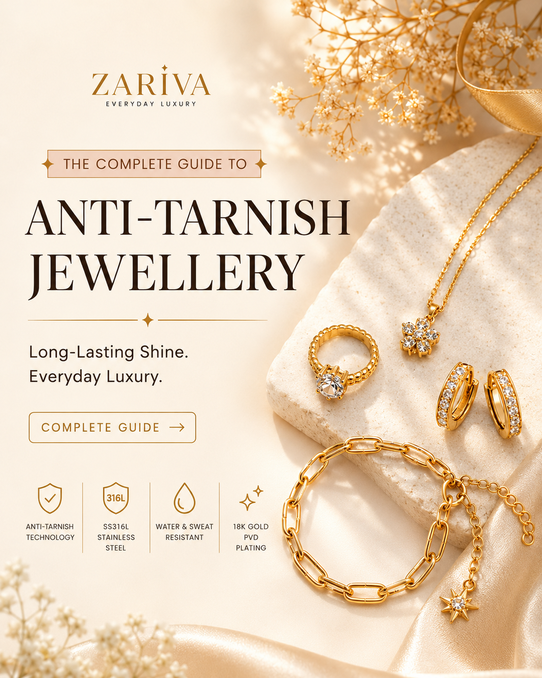 Anti-tarnish jewellery crafted from premium SS316L stainless steel with 18K Gold PVD plating designed for long-lasting shine and everyday wear