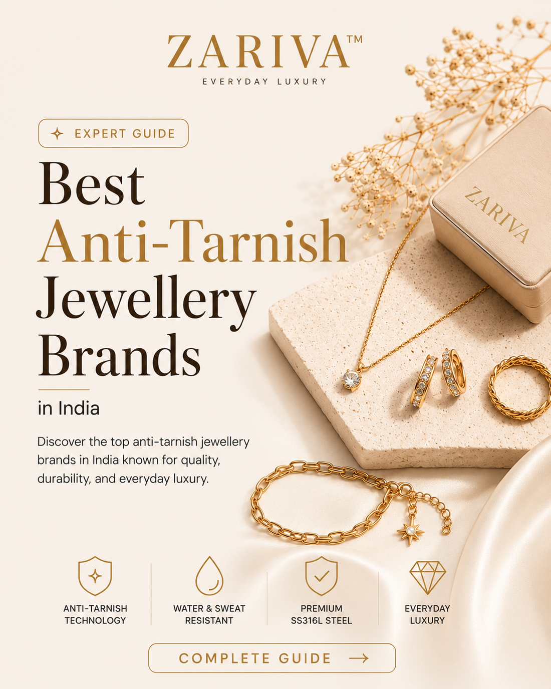 Best anti-tarnish jewellery brands in India featuring SS316L stainless steel jewellery, 18K Gold PVD plated earrings, rings, bracelets and necklaces for everyday wear.