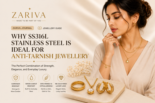 Illustration explaining why SS316L stainless steel is the best material for anti-tarnish jewellery, featuring Zariva 18K Gold PVD coated necklace, earrings, rings and bracelet for everyday wear.