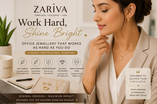 Office wear jewellery for women featuring anti-tarnish gold plated earrings, necklaces, rings and bracelets for professional styling