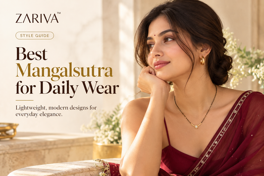 Best mangalsutra for daily wear featuring a modern gold-tone pendant on a model in a maroon saree with a thin-strap blouse, for everyday styling inspiration.