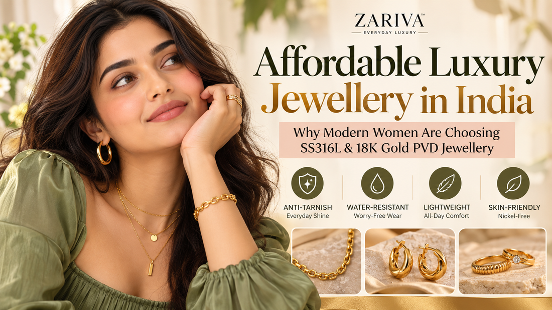 Affordable luxury jewellery in India featuring a modern Indian woman wearing elegant gold-finish jewellery by ZARIVA.