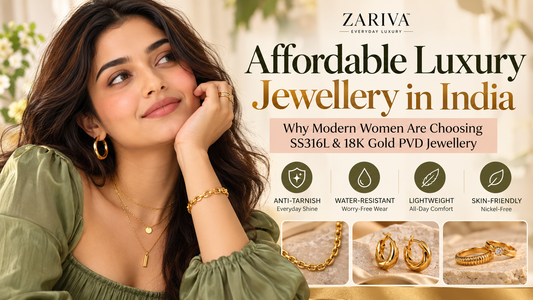 Affordable luxury jewellery in India featuring a modern Indian woman wearing elegant gold-finish jewellery by ZARIVA.