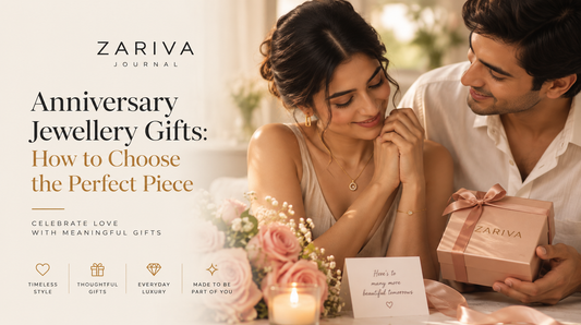 Anniversary jewellery gifts with a couple sharing a ZARIVA jewellery gift, celebrating love with elegant everyday jewellery.