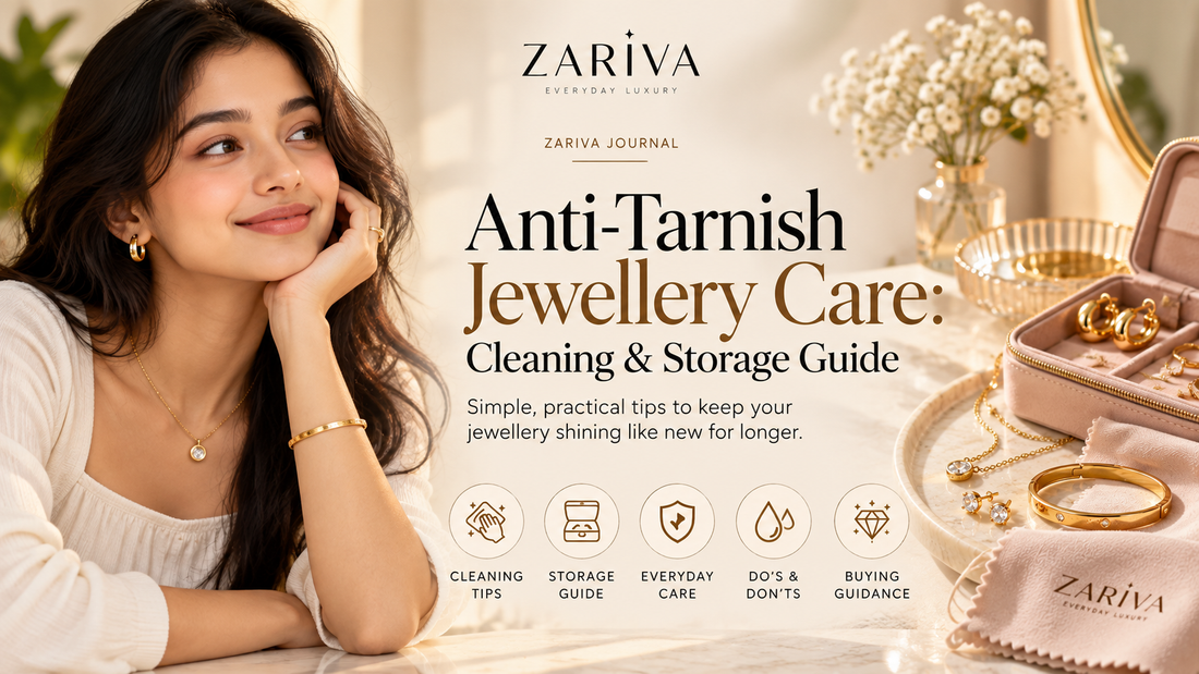 Anti-Tarnish Jewellery Care guide featuring a ZARIVA model wearing gold jewellery beside a jewellery case and cleaning cloth.