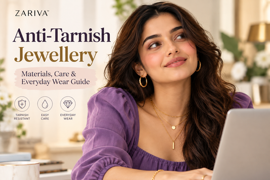 Anti-Tarnish Jewellery cover featuring an Indian woman in a dark purple outfit wearing gold-finish jewellery for everyday care and wear.