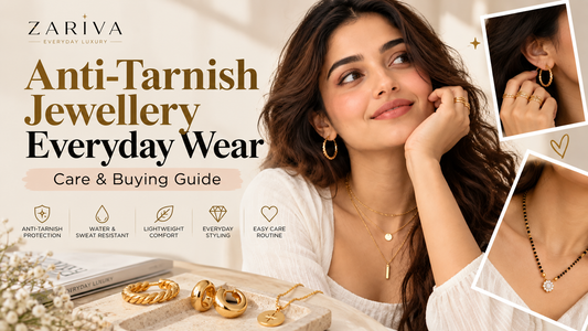 Anti-tarnish jewellery everyday wear featuring a modern Indian woman in layered gold-finish jewellery by ZARIVA.