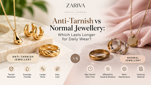 Anti-Tarnish vs Normal Jewellery comparison showing gold jewellery styles and care factors for everyday wear from ZARIVA.