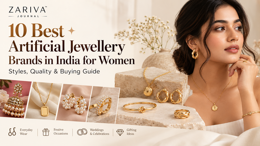Artificial jewellery brands in India banner featuring a woman wearing gold-tone jewellery with a display of necklaces, earrings, rings and bracelets.