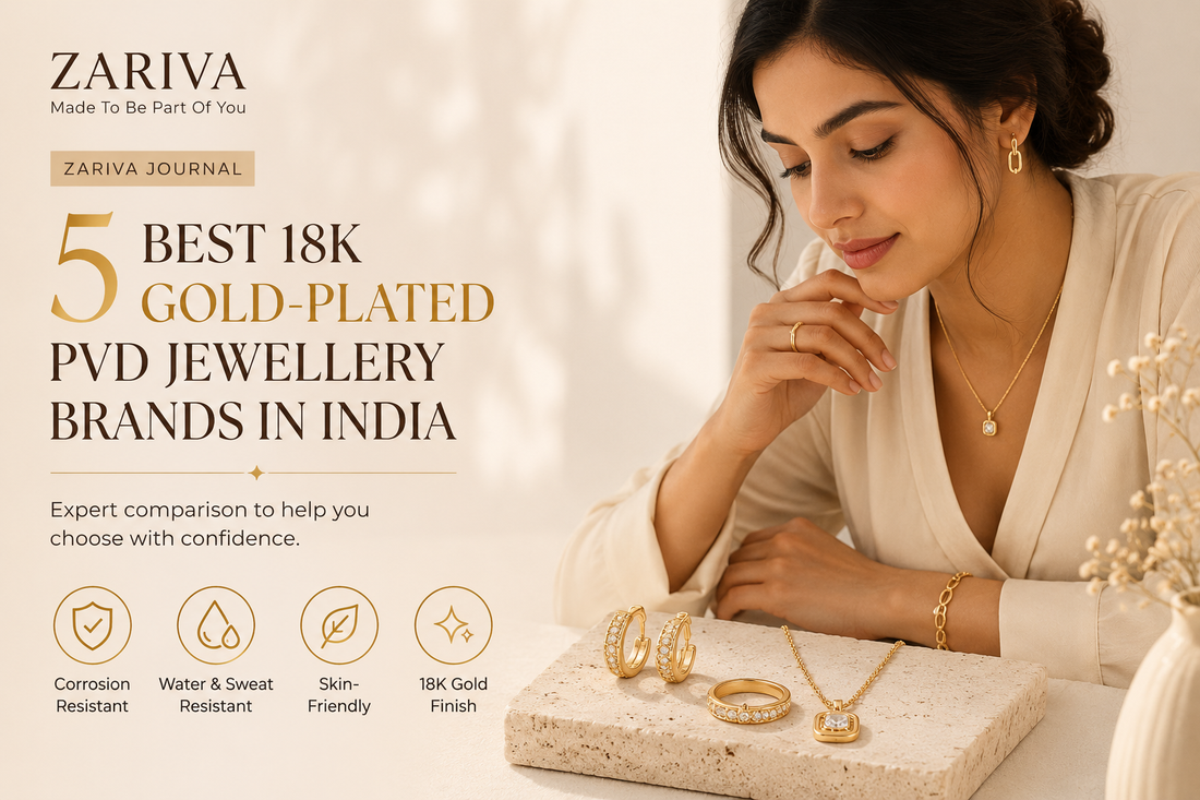 Best 18K gold-plated PVD jewellery brands in India comparison featuring an Indian model with premium jewellery for informed buying.