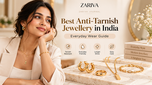 Best Anti-Tarnish Jewellery in India featuring a stylish Indian woman wearing gold-look jewellery for everyday wear by ZARIVA.