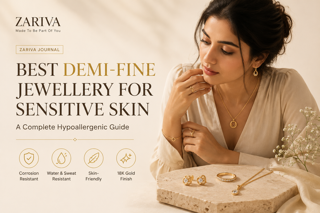 Best demi-fine jewellery for sensitive skin illustration showing a thoughtful Indian woman wearing elegant jewellery to explain hypoallergenic everyday jewellery choices.