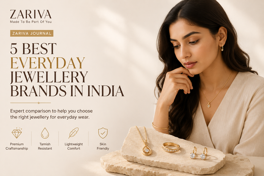 Best Everyday Jewellery Brands in India comparison featuring a thoughtful Indian model and elegant jewellery for everyday luxury styling.