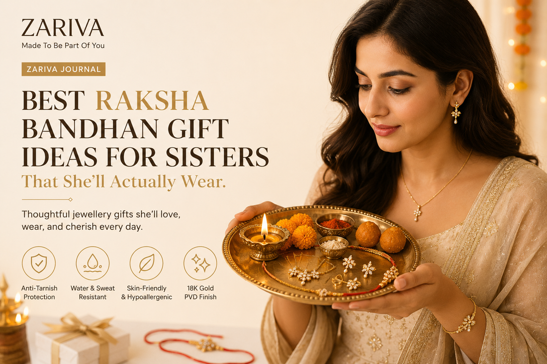 Best Raksha Bandhan gift ideas for sisters featuring a woman holding a festive thali with jewellery, diya, rakhi, and sweets.