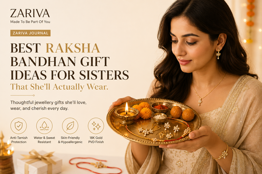 Best Raksha Bandhan gift ideas for sisters featuring a woman holding a festive thali with jewellery, diya, rakhi, and sweets.