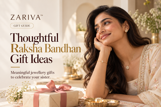 Best Raksha Bandhan gift ideas for sisters featuring a young Indian woman wearing elegant gold-tone jewellery beside a wrapped gift.