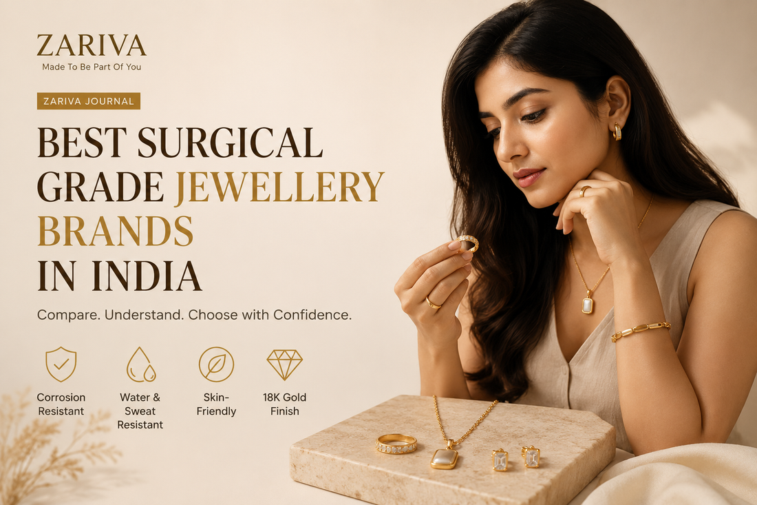 Best surgical grade jewellery brands in India comparison featuring an Indian model examining SS316L jewellery for informed buying decisions.