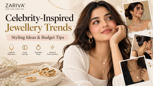 Celebrity-inspired jewellery trends featuring layered necklaces, hoop earrings and stackable rings styled by ZARIVA for modern looks