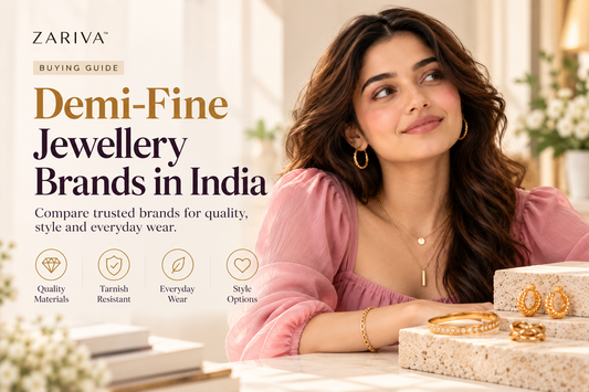 Demi-fine jewellery brands in India comparison featuring an Indian woman wearing gold-tone jewellery in a premium ZARIVA editorial setting.