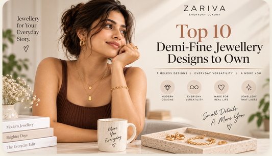 Demi-fine jewellery designs featured with a Gen-Z Indian woman wearing layered gold-look jewellery and modern everyday pieces.