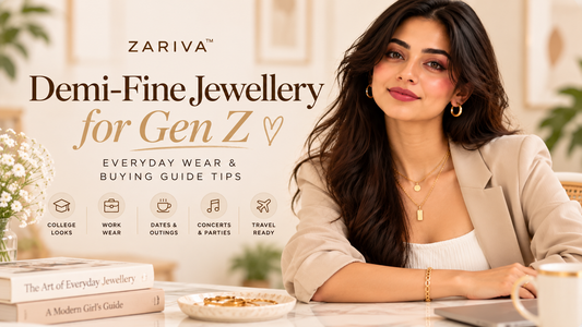 Demi-fine jewellery for Gen Z featuring a confident woman in a beige blazer wearing layered gold necklaces and hoop earrings.
