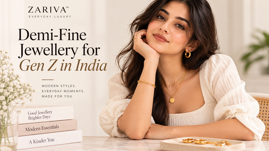 Demi-fine jewellery for Gen Z in India featuring a confident young woman wearing layered gold necklaces, hoop earrings and a bracelet by ZARIVA.