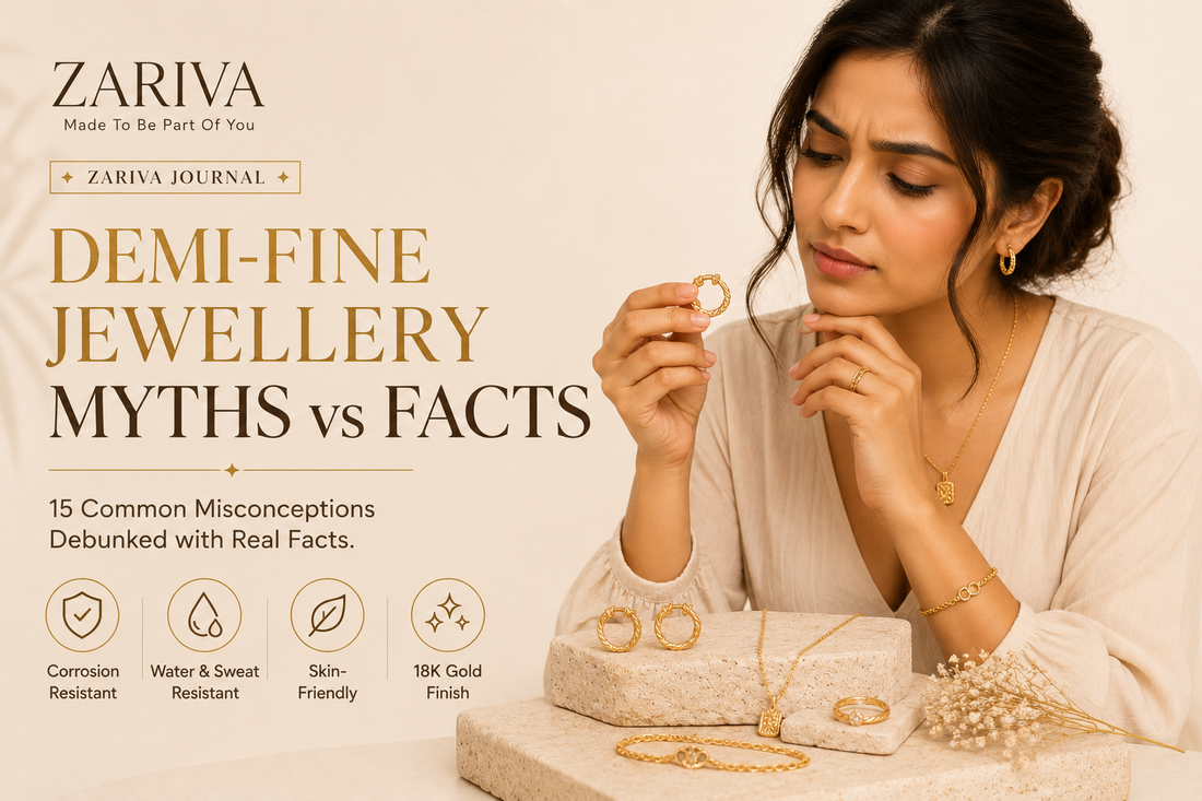 Demi-fine jewellery myths vs facts banner featuring a thoughtful woman examining gold jewellery, illustrating common misconceptions and informed jewellery buying decisions.