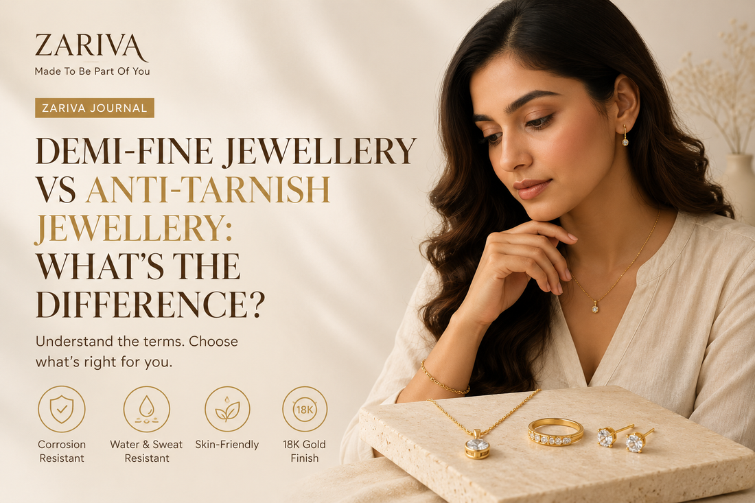 Demi-Fine Jewellery vs Anti-Tarnish Jewellery comparison showing a thoughtful Indian woman examining elegant gold jewellery for everyday wear.