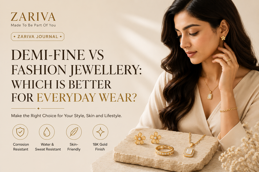 Demi-Fine vs Fashion Jewellery comparison banner showing premium anti-tarnish demi-fine jewellery for everyday wear with an elegant Indian model, featuring SS316L stainless steel jewellery and 18K PVD gold finish by ZARIVA.