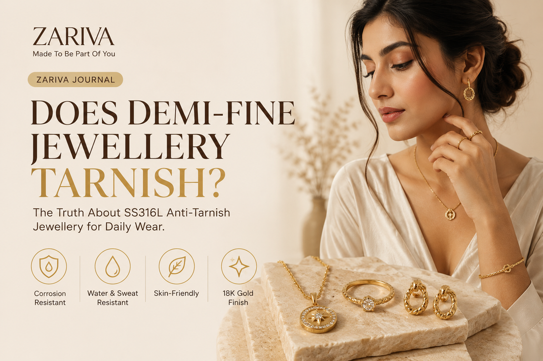 Premium Indian woman wearing ZARIVA SS316L anti-tarnish demi-fine jewellery with necklace, earrings, ring, and bracelet, illustrating how SS316L stainless steel jewellery is designed for everyday wear and long-lasting elegance.
