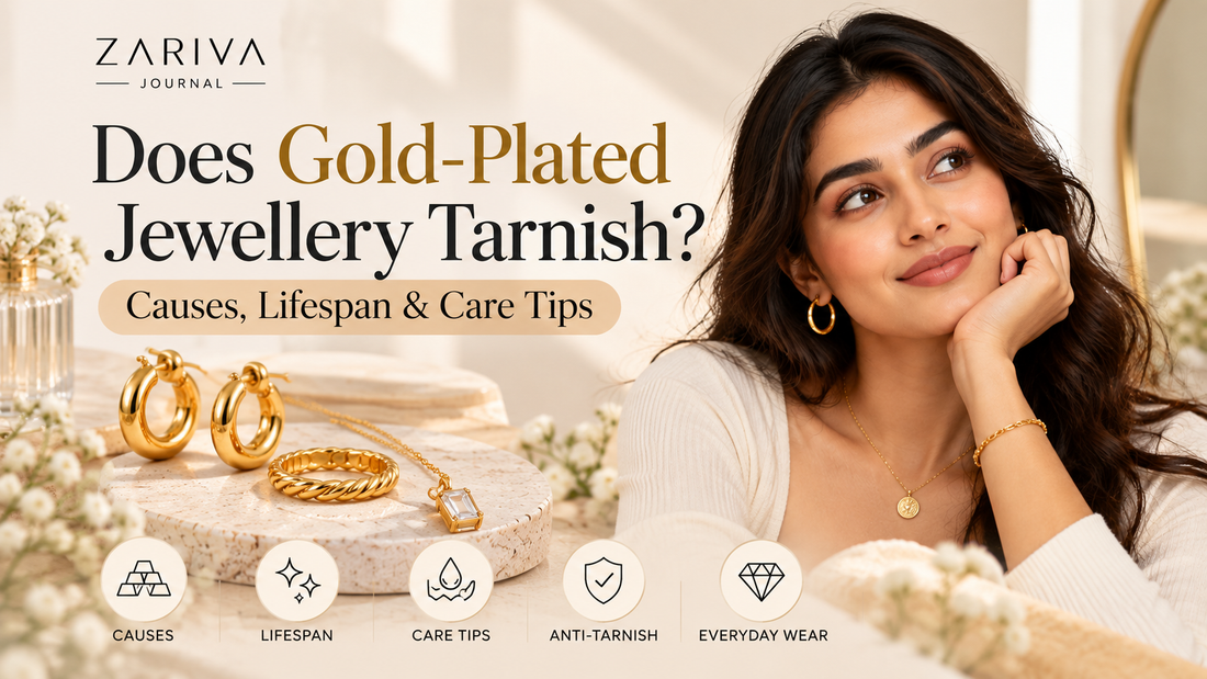 Does gold-plated jewellery tarnish? A woman wearing gold jewellery beside pieces displayed for care and everyday wear.
