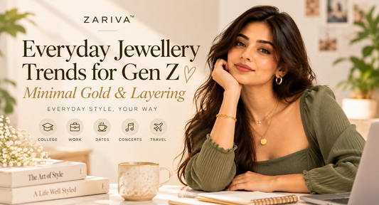 Everyday jewellery trends for Gen Z banner featuring a woman in an olive top wearing layered gold necklaces, earrings and a bracelet.