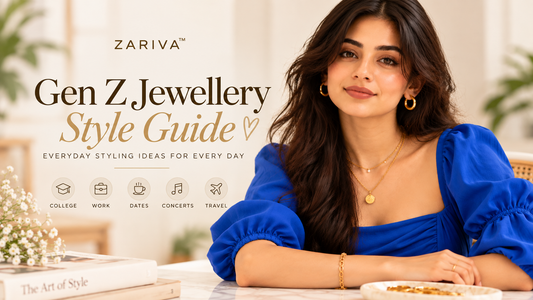 Gen Z jewellery style guide featuring a woman in a blue outfit wearing layered gold jewellery, with everyday styling ideas for college, work, dates, concerts, and travel.