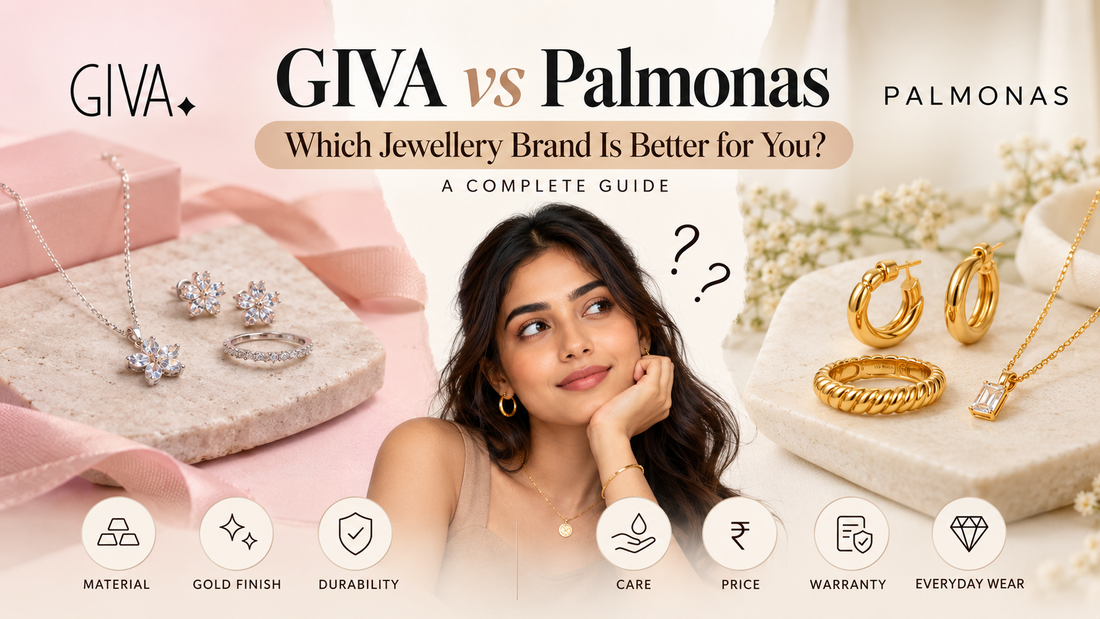 GIVA vs Palmonas comparison showing silver and gold jewellery with a woman evaluating materials, finishes, care and everyday wear