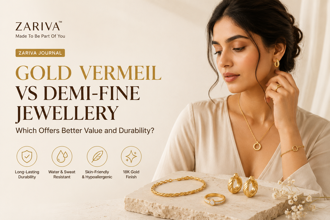Gold Vermeil vs Demi-Fine Jewellery comparison showing differences in materials, durability, maintenance, and everyday wear.