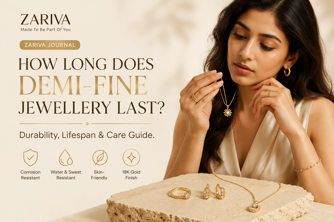 How long does demi-fine jewellery last illustration showing a thoughtful woman examining a gold pendant beside elegant jewellery to explain durability and care.